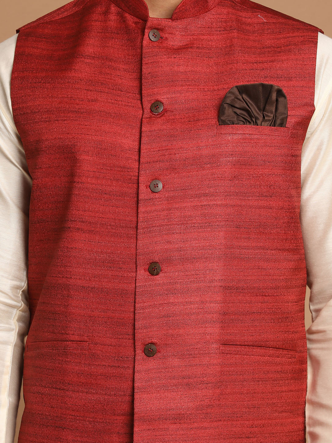 Vastramay Men's Maroon Textured Nehru Jacket With Cream Kurta and Pyjama Set