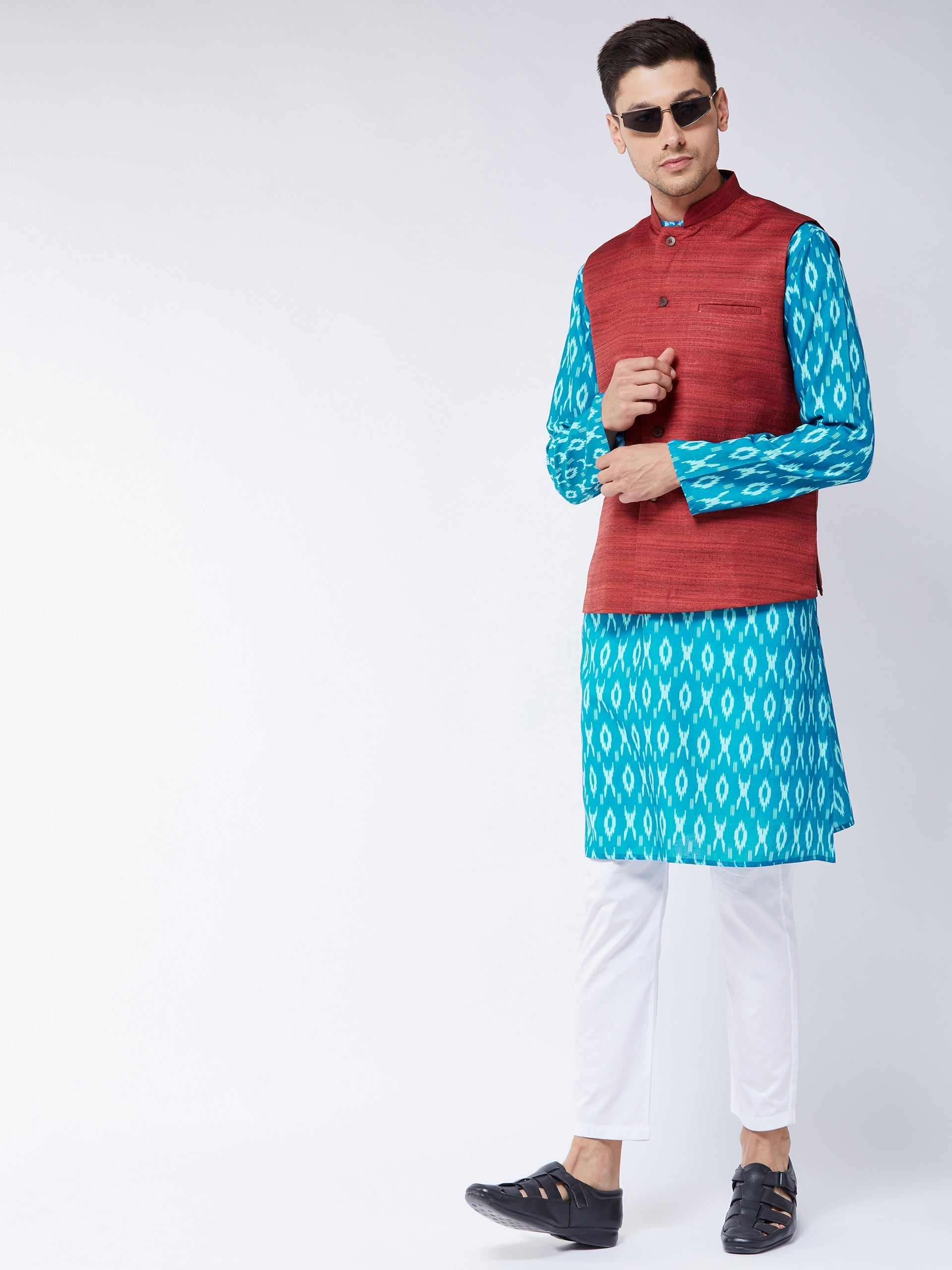 VASTRAMAY Men's Maroon Silk Blend Ethnic Jacket With Turquoise And White Kurta Pyjama Set