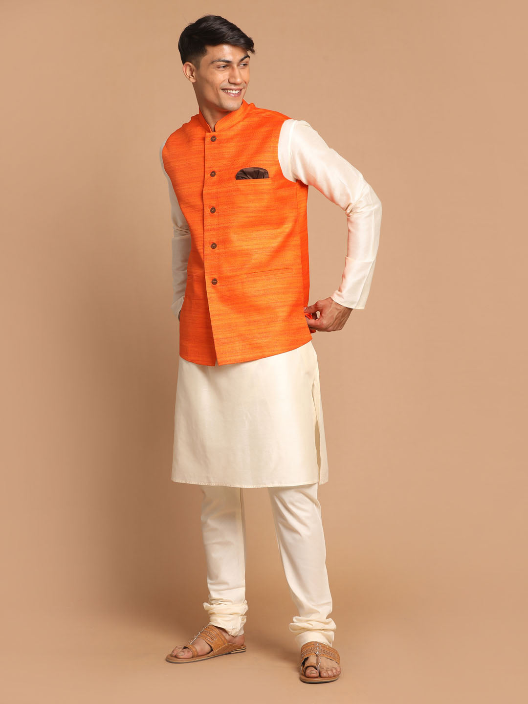 Vastramay Men's Orange Cotton Blend Jacket With Cream Solid Kurta And Pyjama Set