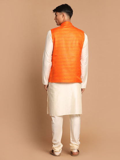 Vastramay Men's Orange Cotton Blend Jacket With Cream Solid Kurta And Pyjama Set