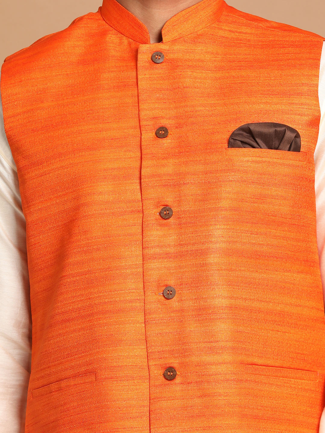 Vastramay Men's Orange Cotton Blend Jacket With Cream Solid Kurta And Pyjama Set