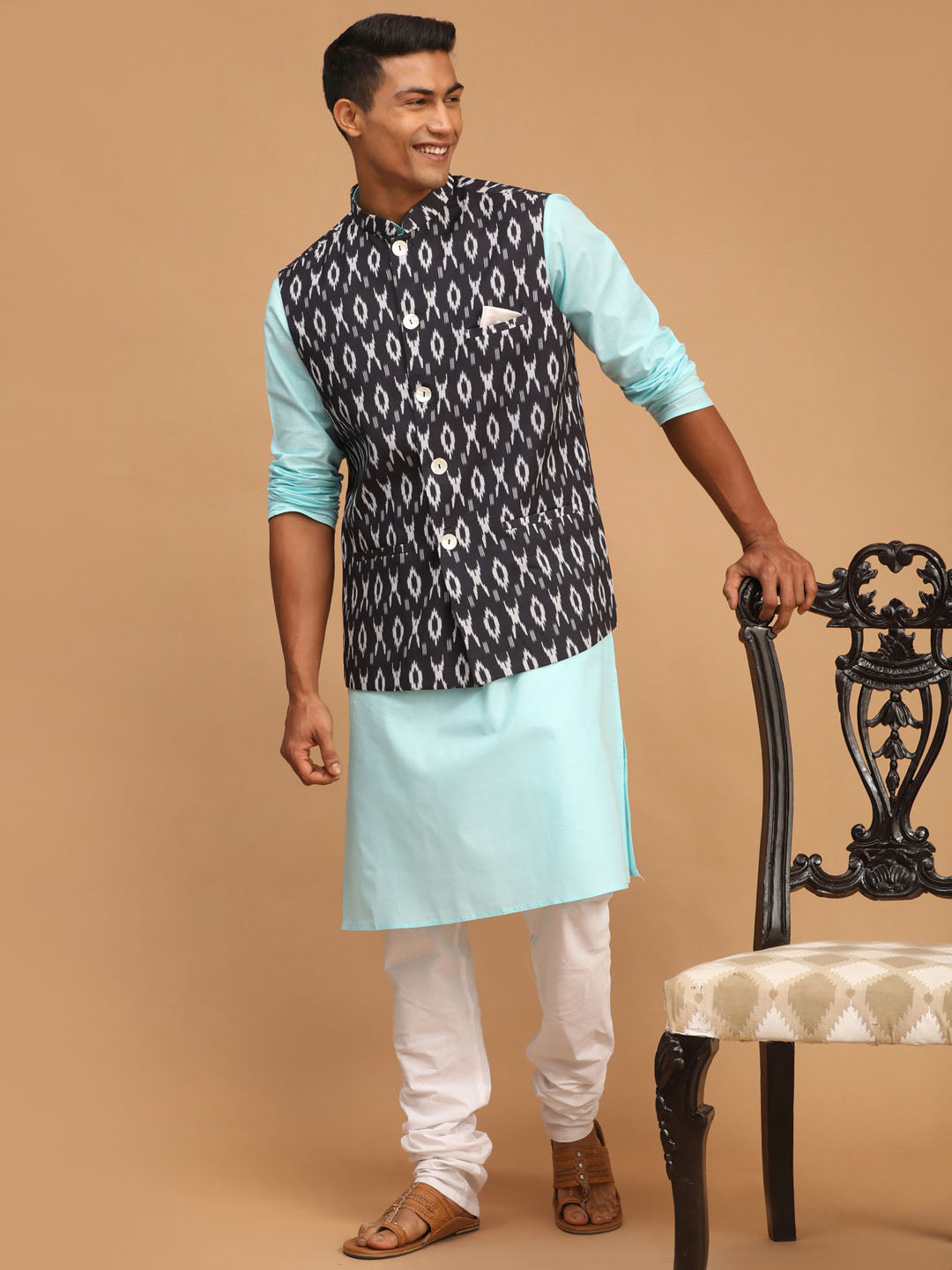 Vastramay mens black color cotton nehru jacket with aqua kurta and pyjama set