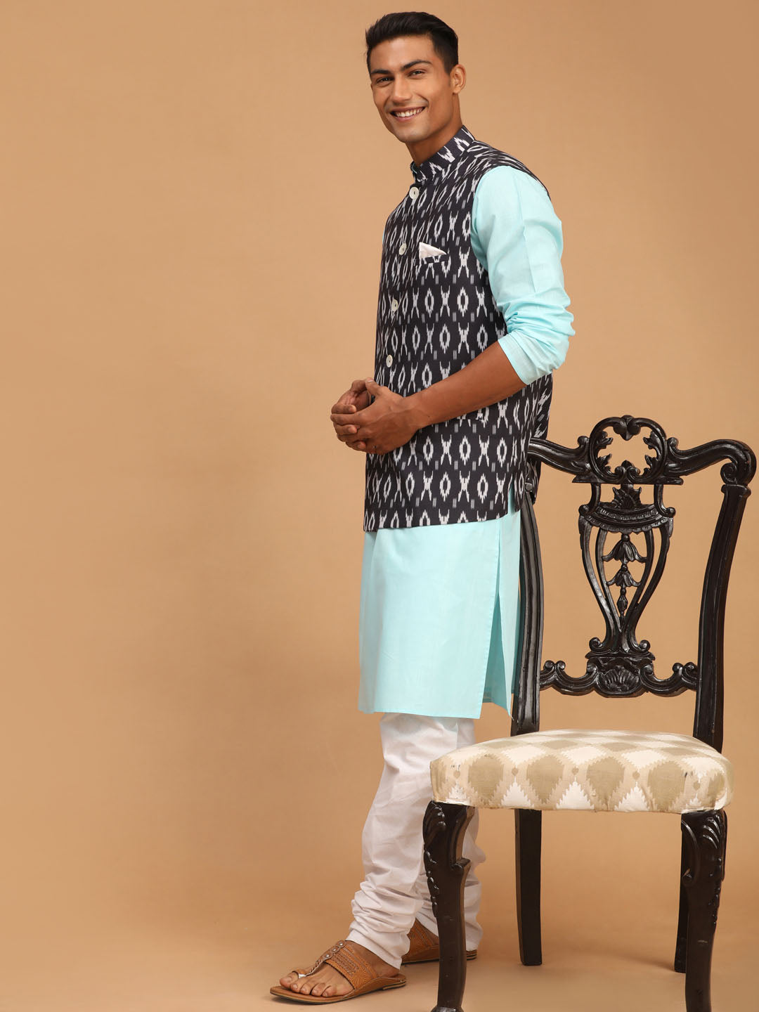 Vastramay mens black color cotton nehru jacket with aqua kurta and pyjama set