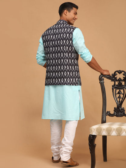 Vastramay mens black color cotton nehru jacket with aqua kurta and pyjama set