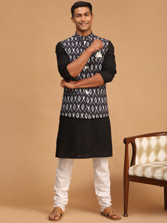 Vastramay mens black color cotton nehru jacket with black kurta and white pyjama set