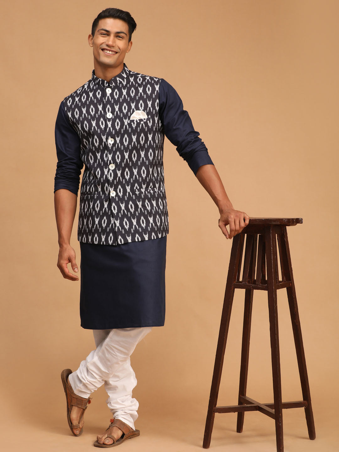 Vastramay mens black color cotton nehru jacket with navy blue kurta and white pyjama set