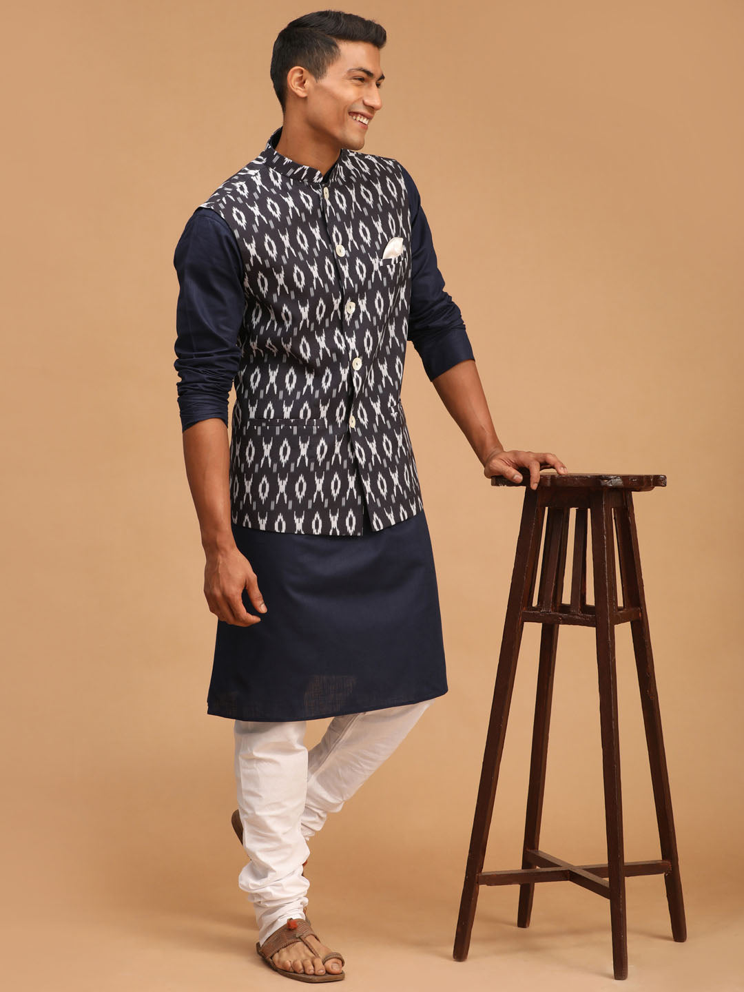 Vastramay mens black color cotton nehru jacket with navy blue kurta and white pyjama set