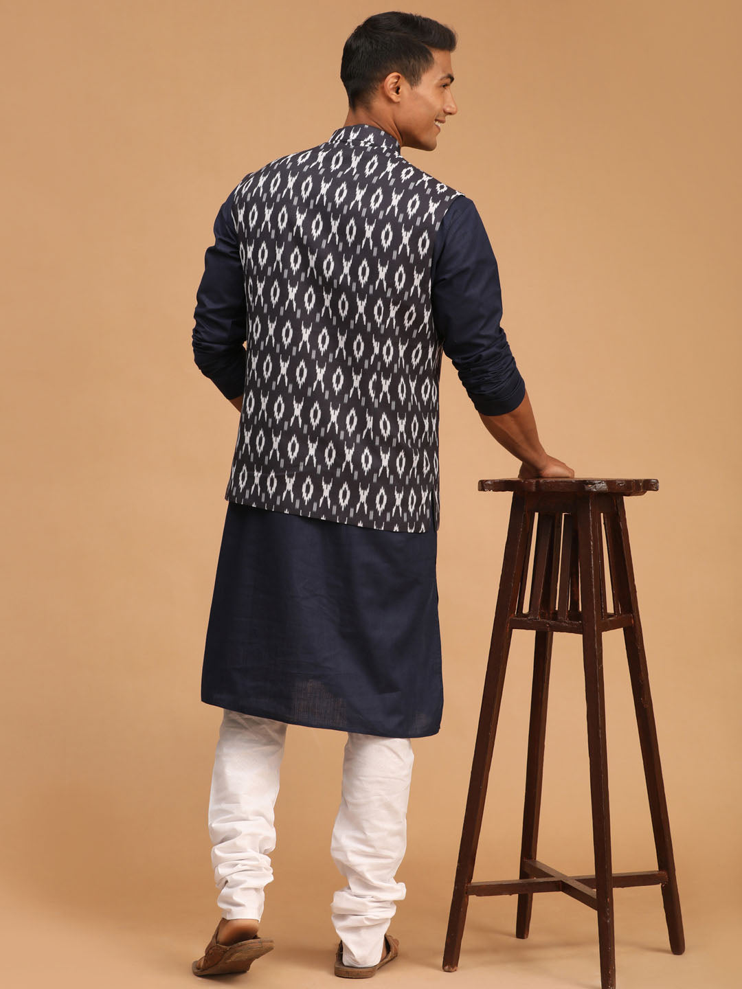 Vastramay mens black color cotton nehru jacket with navy blue kurta and white pyjama set