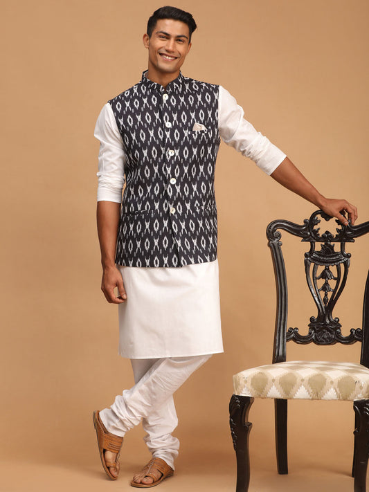 Vastramay mens black color cotton nehru jacket with white kurta and pyjama set