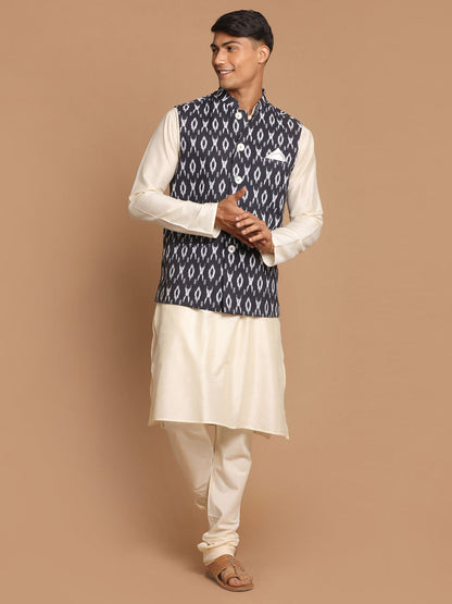 Vastramay Men's Black  Nehru Jacket  With Cream Kurta And Pyjama Set