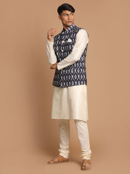 Vastramay Men's Black  Nehru Jacket  With Cream Kurta And Pyjama Set