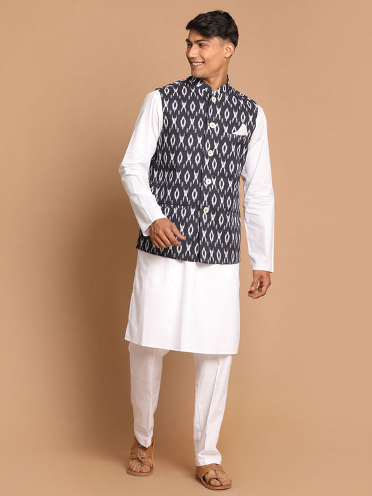 Vastramay mens black ikkat printed color cotton nehru jacket with white color kurta and pyjama set