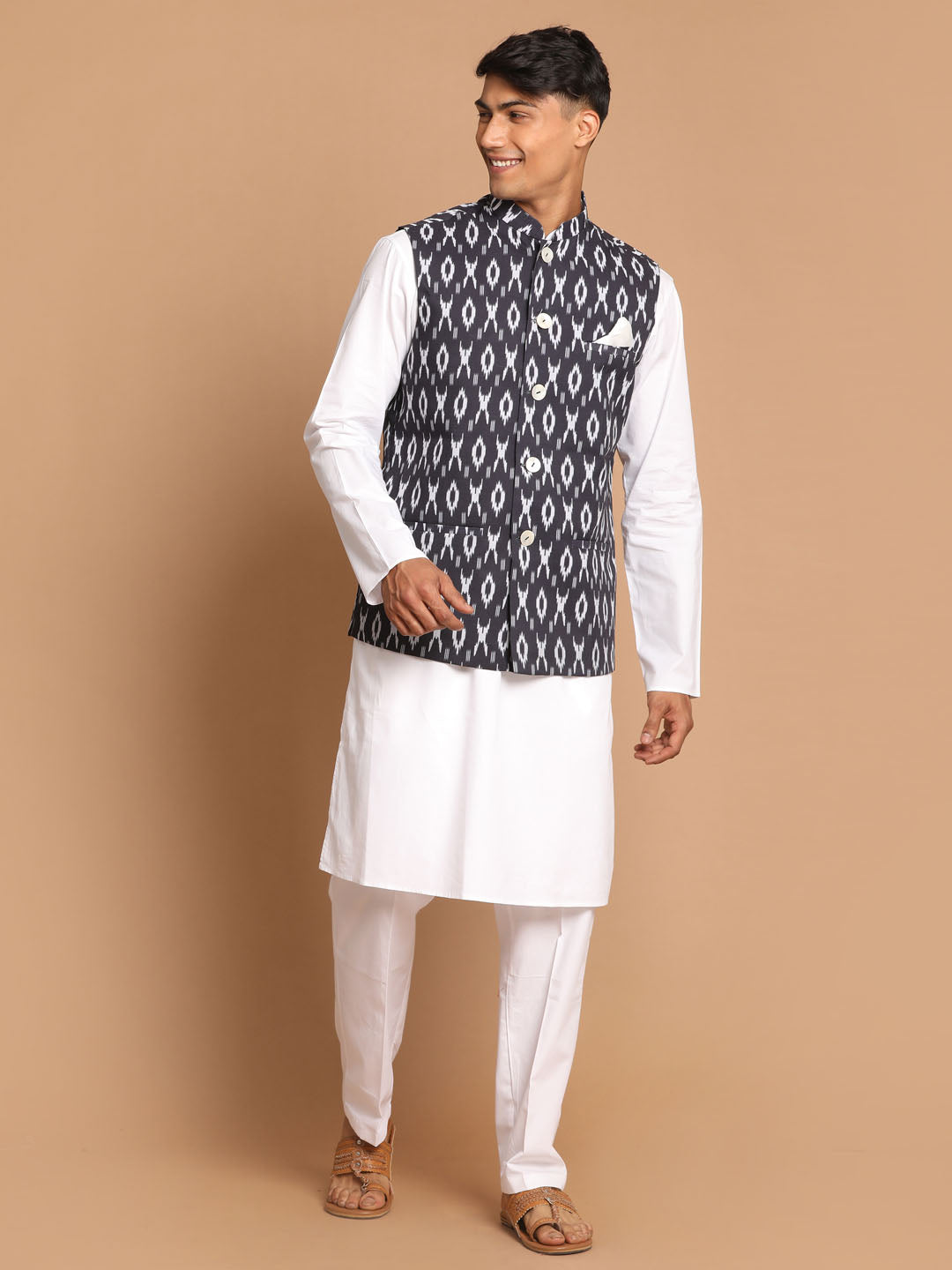 vastramay mens black ikkat printed cotton nehru jacket with white kurta and pyjama set
