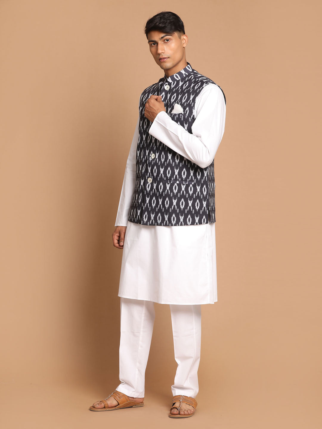 vastramay mens black ikkat printed cotton nehru jacket with white kurta and pyjama set