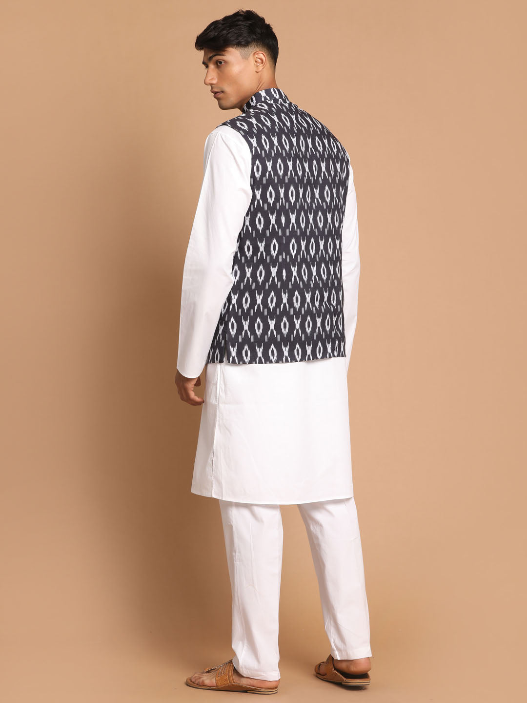 vastramay mens black ikkat printed cotton nehru jacket with white kurta and pyjama set