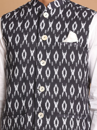 vastramay mens black ikkat printed cotton nehru jacket with white kurta and pyjama set