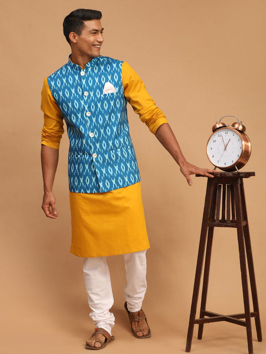 Vastramay mens turquoise cotton nehru jacket with mustard kurta and white pyjama set