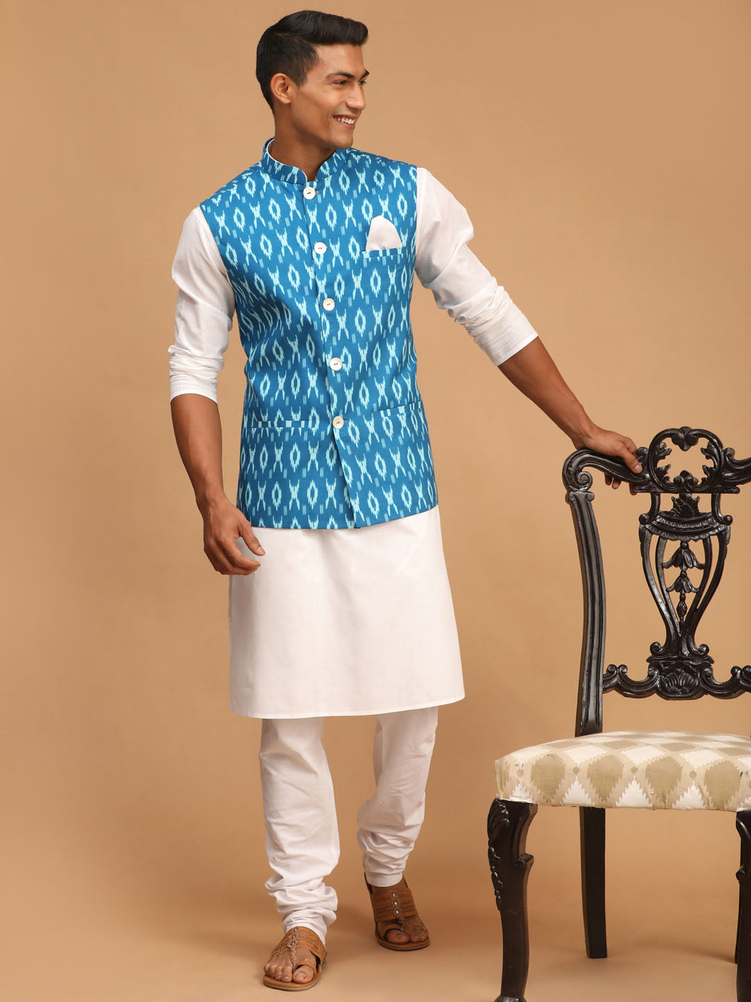 Vastramay mens turquoise cotton nehru jacket with white kurta and pyjama set