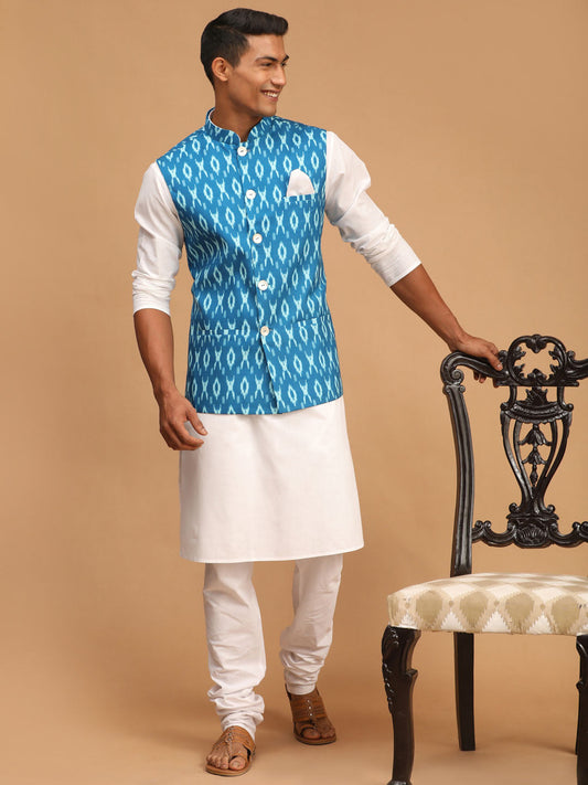 Vastramay mens turquoise cotton nehru jacket with white kurta and pyjama set