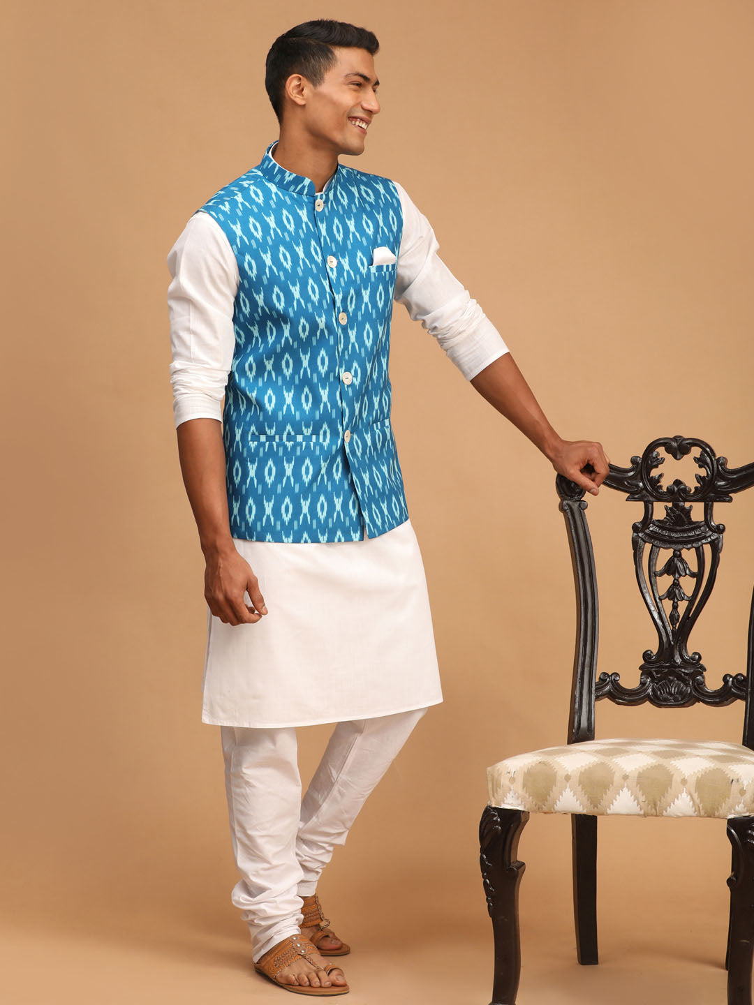 Vastramay mens turquoise cotton nehru jacket with white kurta and pyjama set