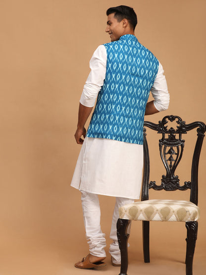 Vastramay mens turquoise cotton nehru jacket with white kurta and pyjama set