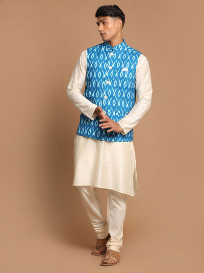 Vastramay Men's Turquoise Cotton Nehru Jacket  With Cream Kurta And Pyjama Set