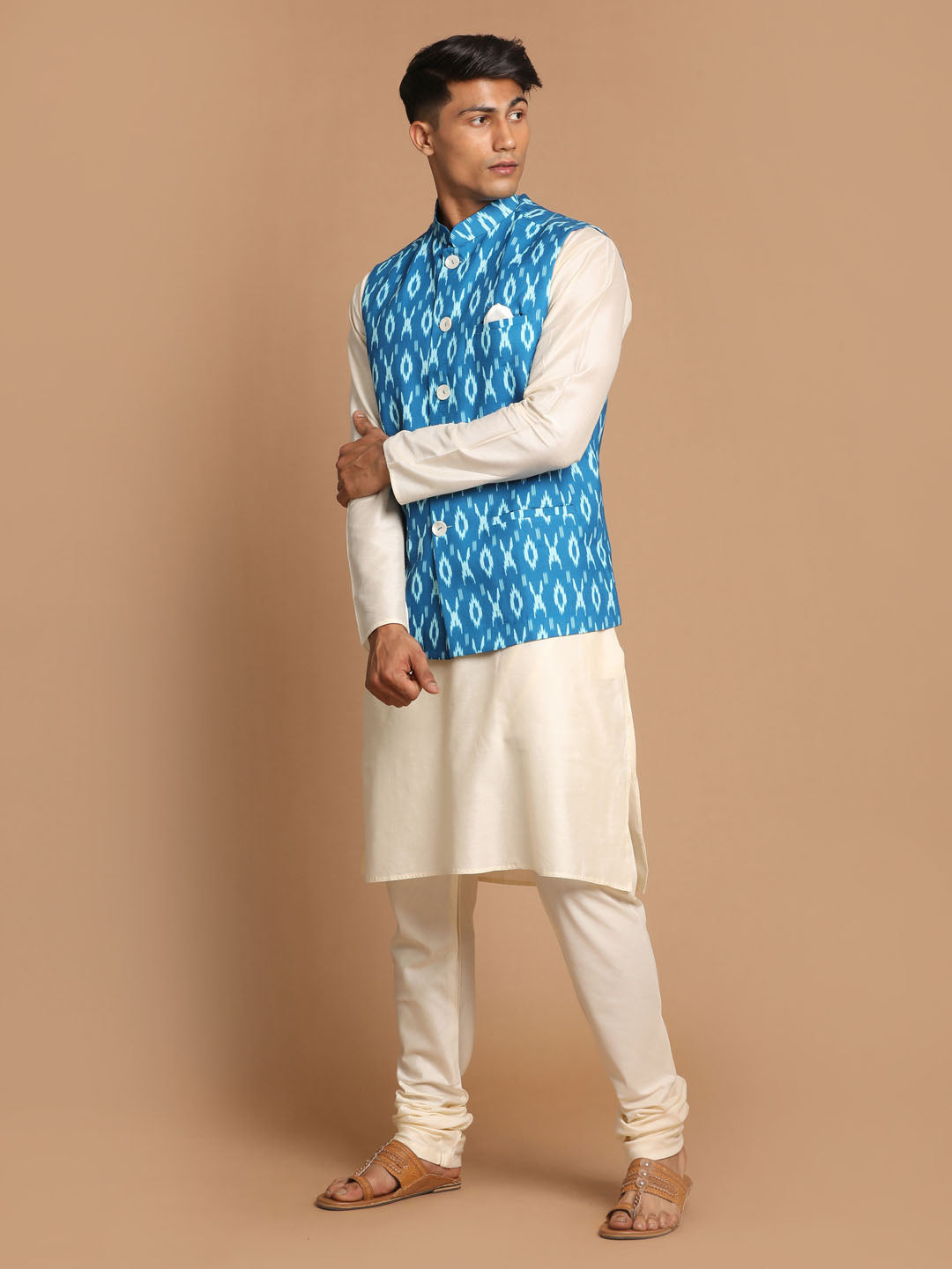 Vastramay Men's Turquoise Cotton Nehru Jacket  With Cream Kurta And Pyjama Set