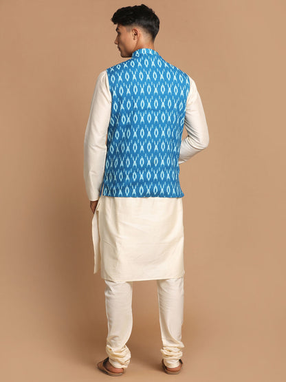 Vastramay Men's Turquoise Cotton Nehru Jacket  With Cream Kurta And Pyjama Set