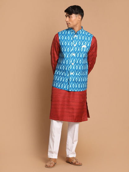 Vastramay mens turquoise cotton nehru jacket with maroon kurta and pant set