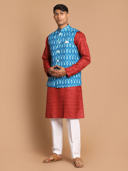 Vastramay mens turquoise cotton nehru jacket with maroon kurta and pant set