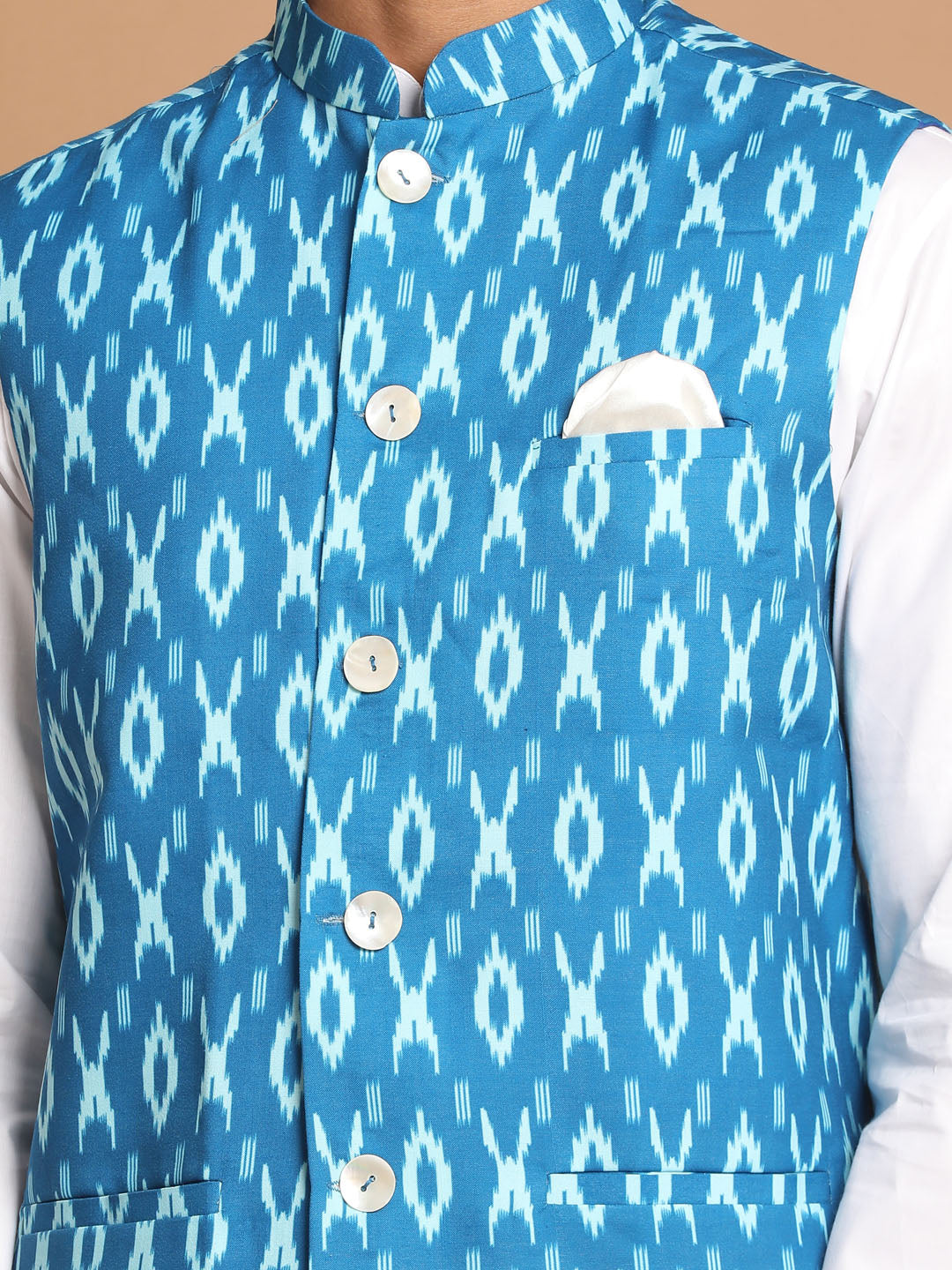 Vastramay Men's Turquoise Cotton Nehru Jacket With White Kurta And Pant Set