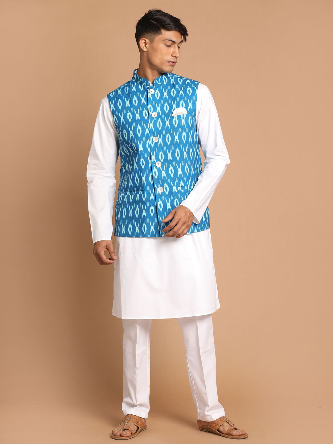 vastramay mens turquoise cotton nehru jacket with white kurta and pant set 1