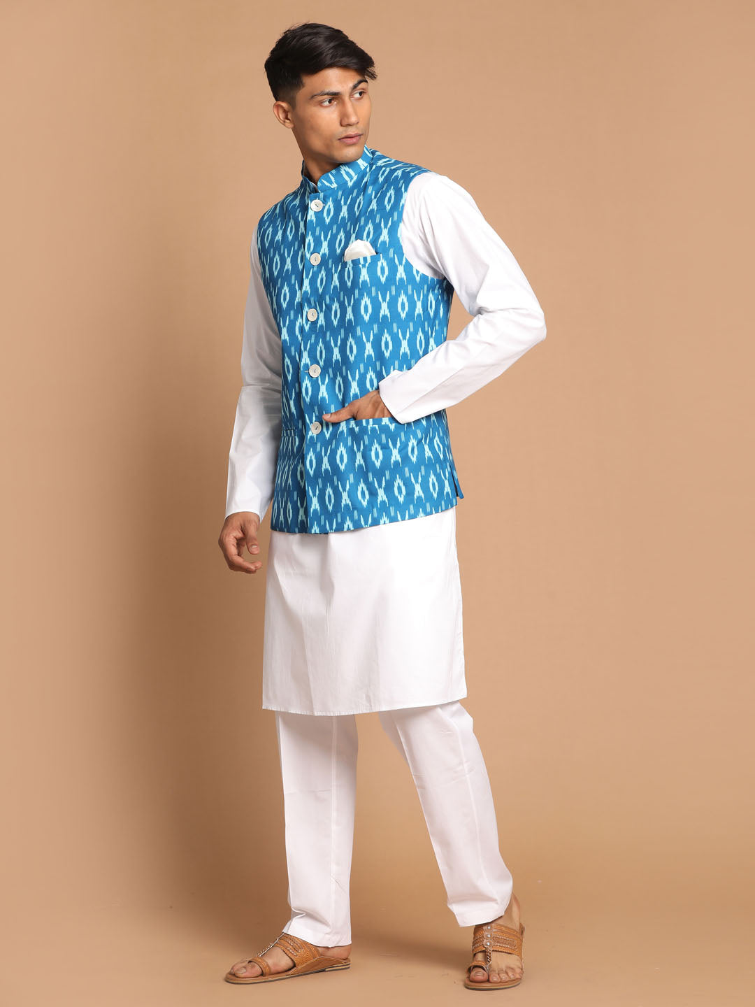 vastramay mens turquoise cotton nehru jacket with white kurta and pant set 1