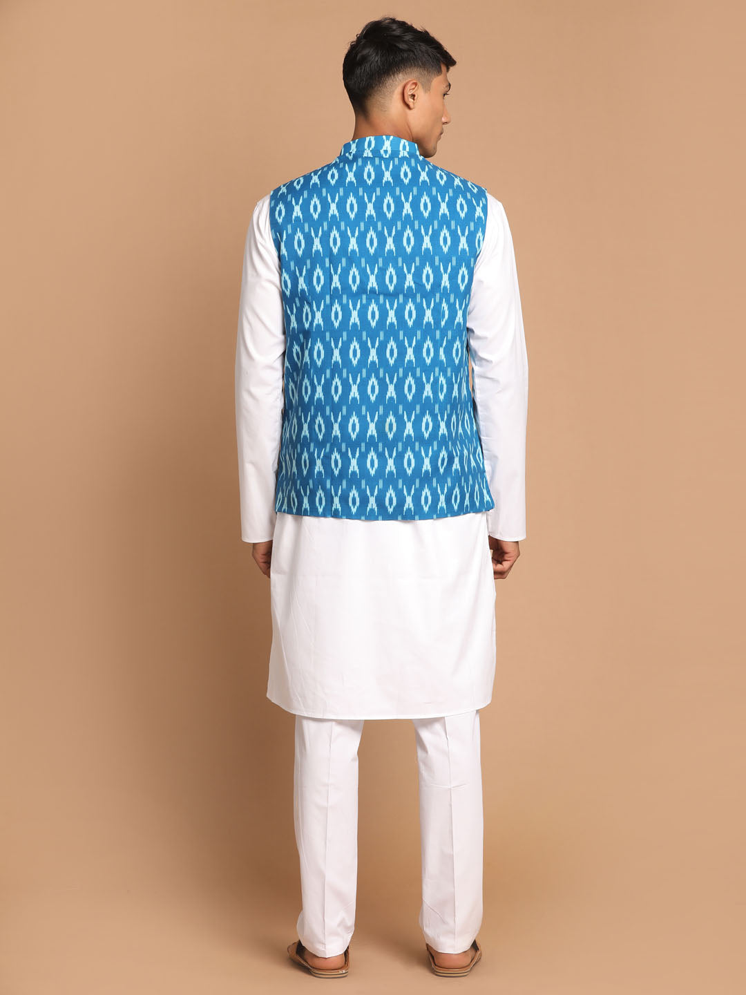 vastramay mens turquoise cotton nehru jacket with white kurta and pant set 1