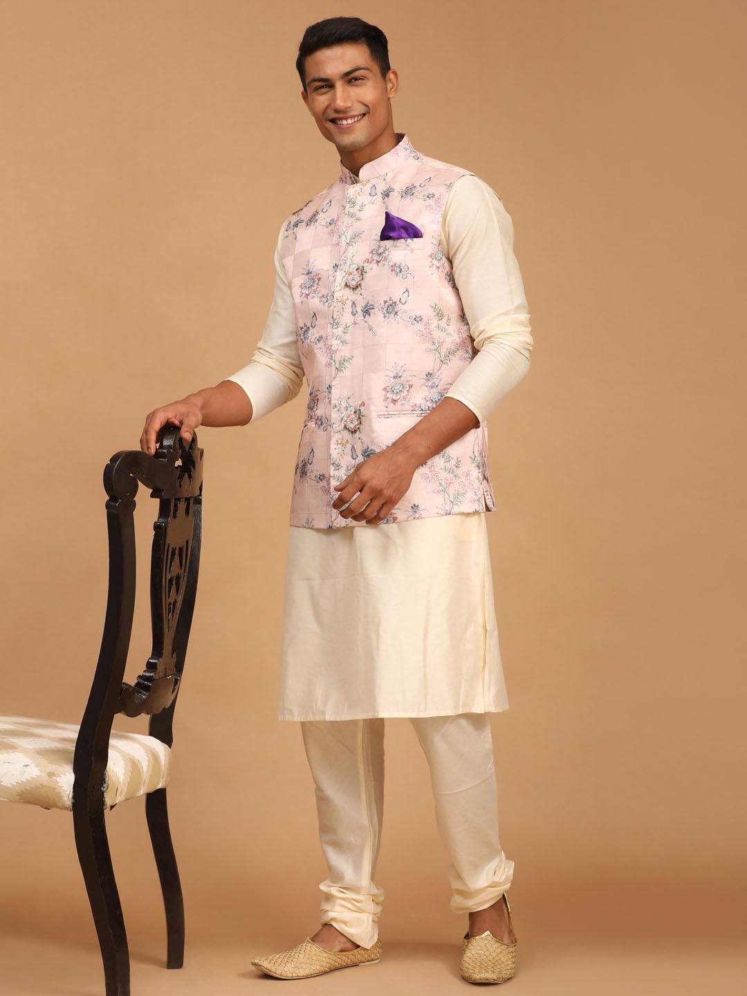 Vastramay light pink floral print nehru jacket and cream solid kurta with pyjama set