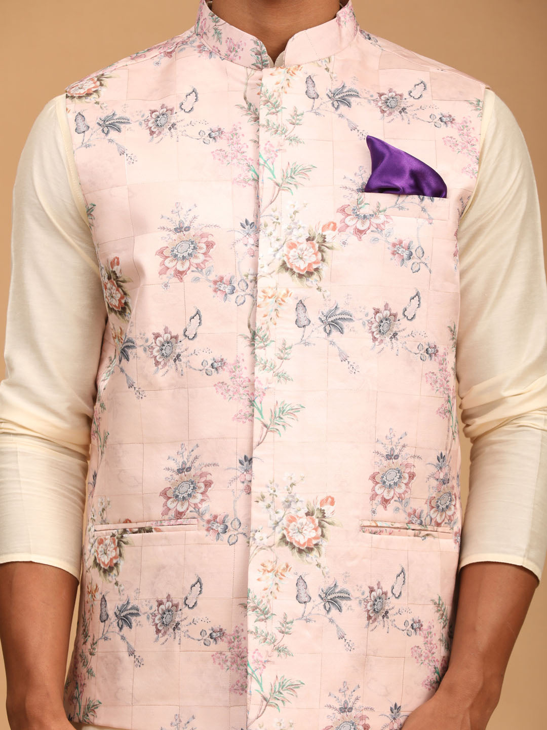 Vastramay light pink floral print nehru jacket and cream solid kurta with pyjama set