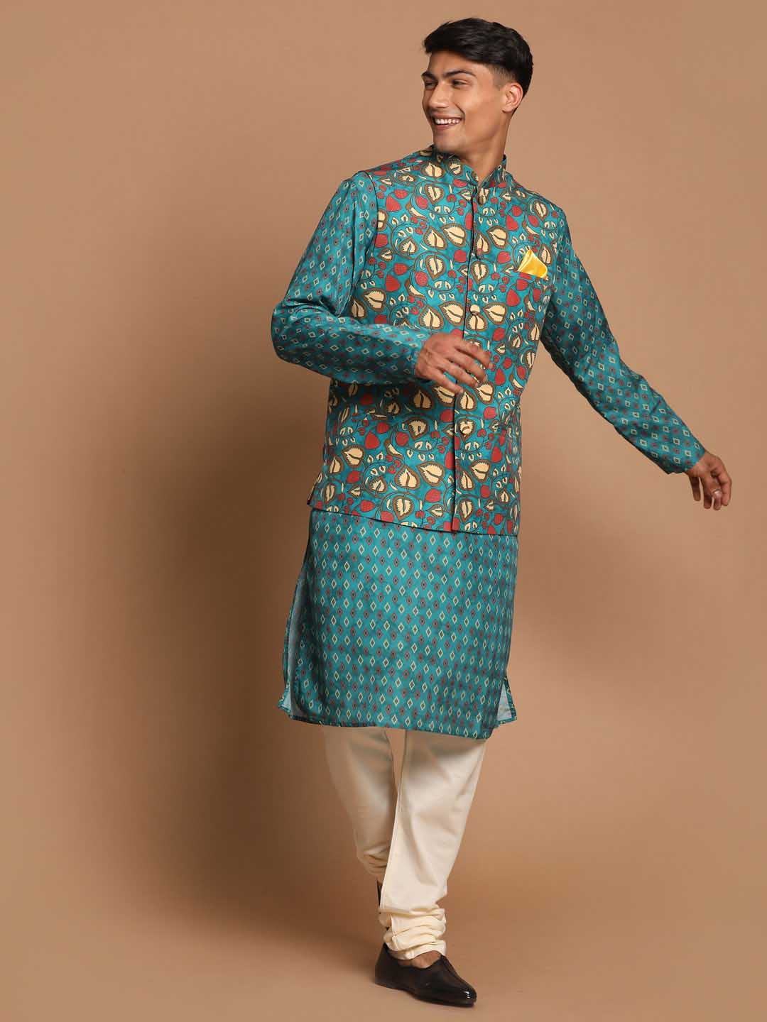 Vastramay Men's Green Printed Nehru Jacket