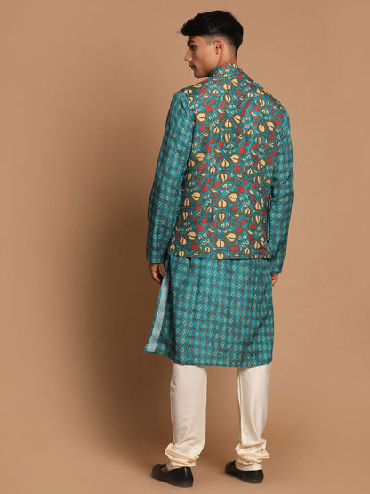 Vastramay Men's Green Printed Nehru Jacket And kurta With Cream Pyjama Set