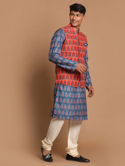 Vastramay Men's Orange Printed Nehru Jacket And Blue kurta With Pyjama Set