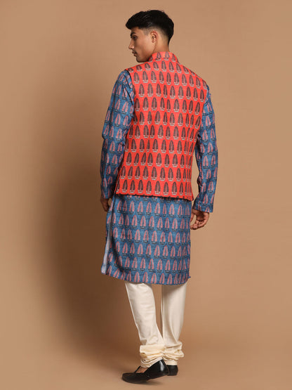 Vastramay Men's Orange Printed Nehru Jacket And Blue kurta With Pyjama Set