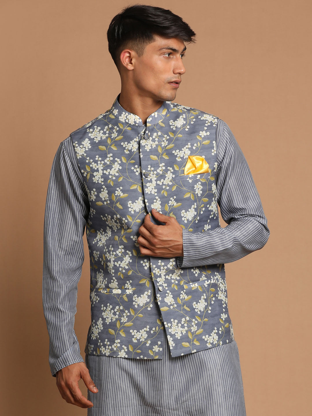 Vastramay Men's Gray Floral Print Nehru Jacket
