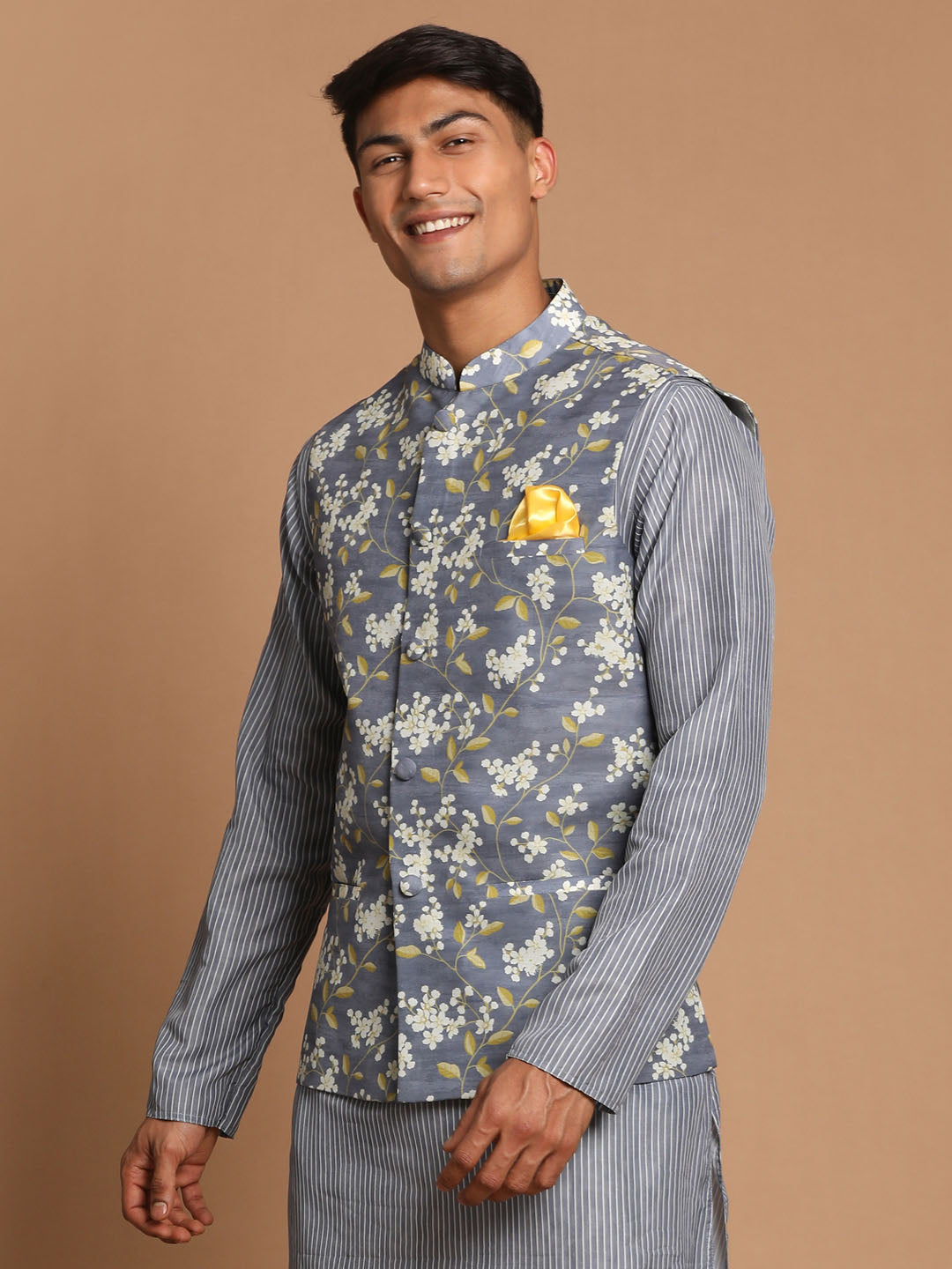 Vastramay Men's Gray Floral Print Nehru Jacket