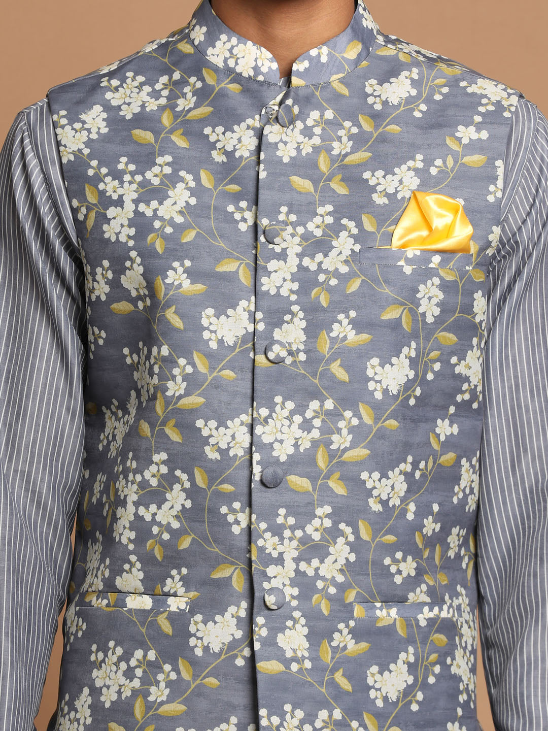Vastramay Men's Gray Floral Print Nehru Jacket