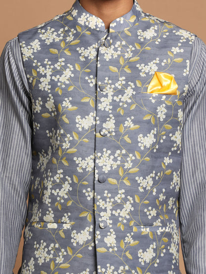 Vastramay Men's Gray Floral Print Nehru Jacket