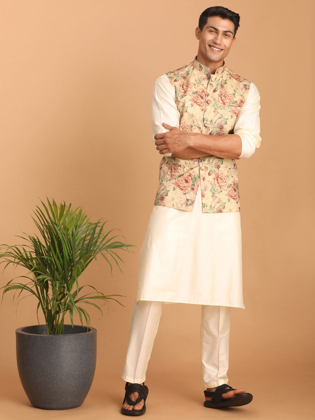 vastramay beige printed nehru jacket and cream solid kurta with pant set