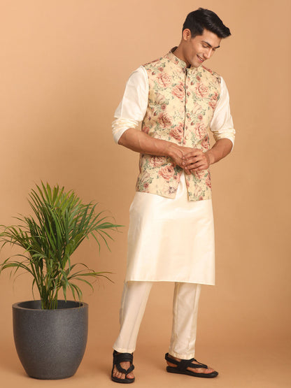 vastramay beige printed nehru jacket and cream solid kurta with pant set