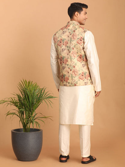 vastramay beige printed nehru jacket and cream solid kurta with pant set