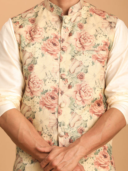 vastramay beige printed nehru jacket and cream solid kurta with pant set