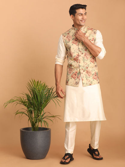 vastramay beige printed nehru jacket and cream solid kurta with pant set