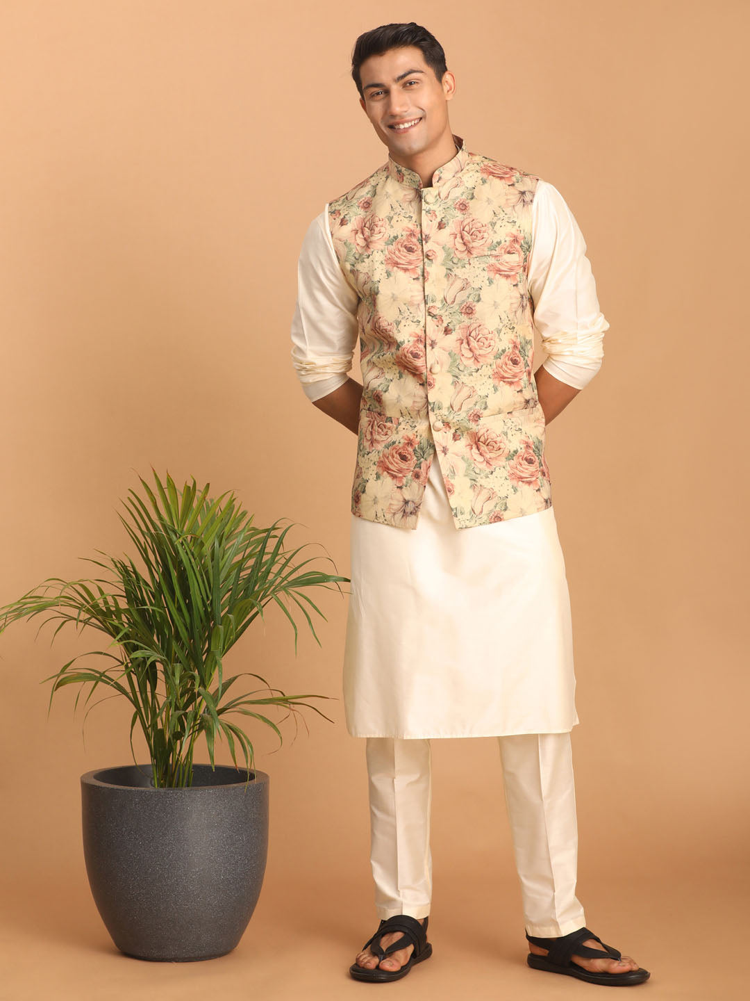 vastramay beige printed nehru jacket and cream solid kurta with pant set